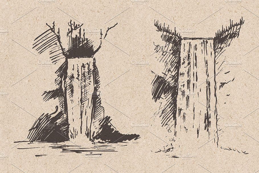 美丽瀑布素描矢量图形 Beautiful waterfalls, sketch style插图(2)