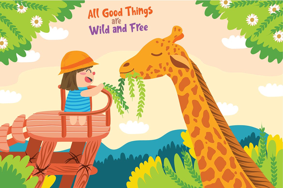 野生动物园场景矢量插画素材 Giraffe – Vector Illustration插图