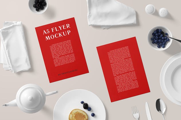 A5品牌传单印刷品样机模板 A5 Portrait Flyer Mockup – Breakfast Set插图(4)