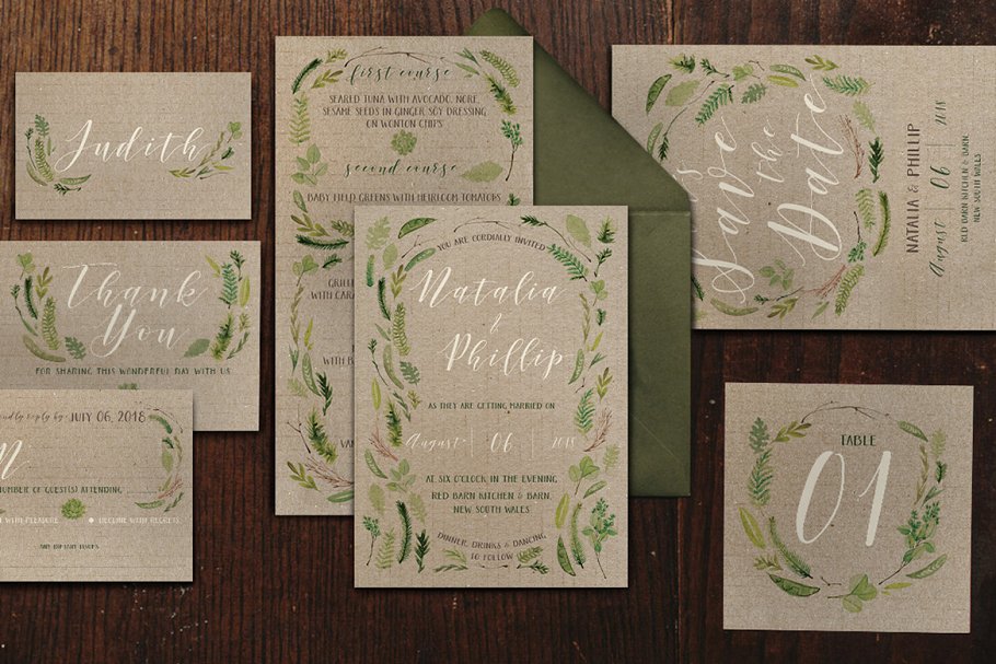 水彩叶子婚礼设计物料模板套装 Watercolor Foliage Wedding Suite插图(4)