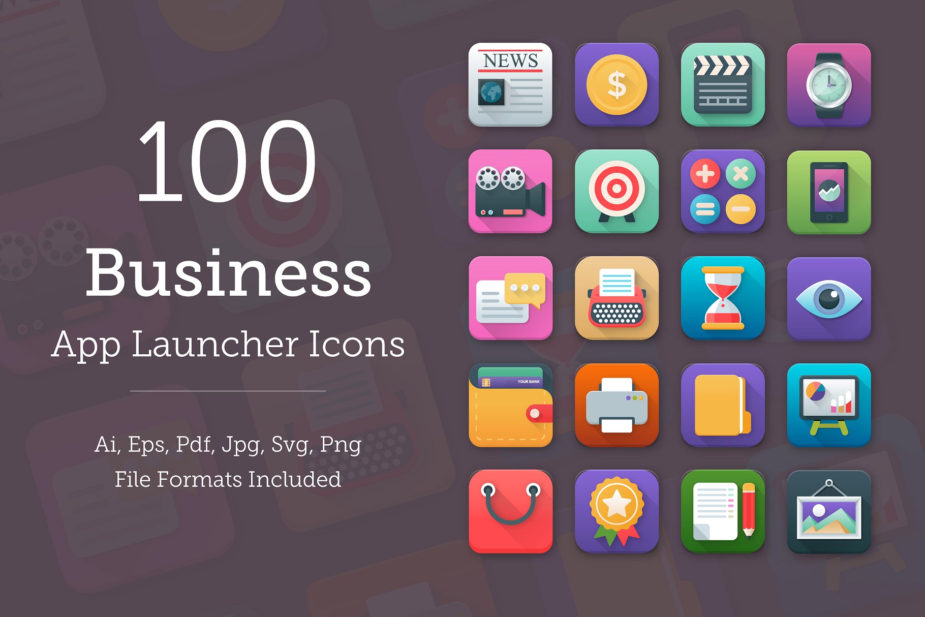 100个商业应用程序设计平面图标 100 Business App Icons Set插图