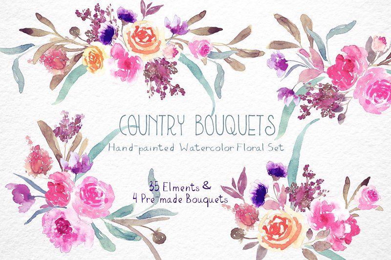 乡村水彩花束花卉剪贴画 Country Bouquets – Watercolor Floral插图(4)