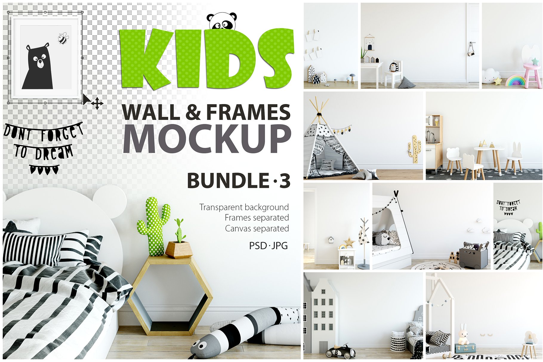 儿童卧室书房墙纸&相框样机 KIDS Interior WALL & FRAMES Mockup 3插图