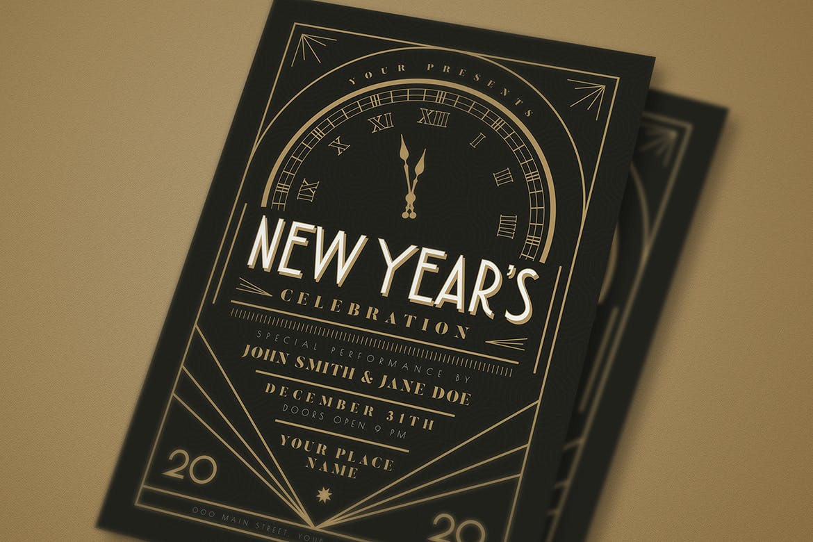 复古艺术风格新年倒计时活动海报传单模板 Art Deco New Year Event Flyer插图(2)