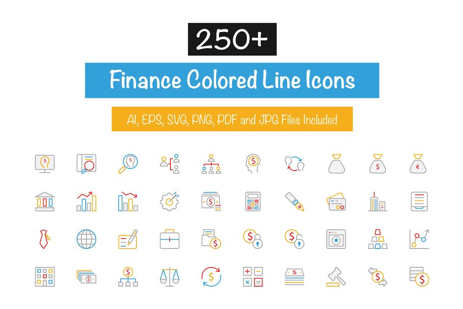 250+金融银行主题多彩线条图标素材 250+ Finance Colored Line Icons插图