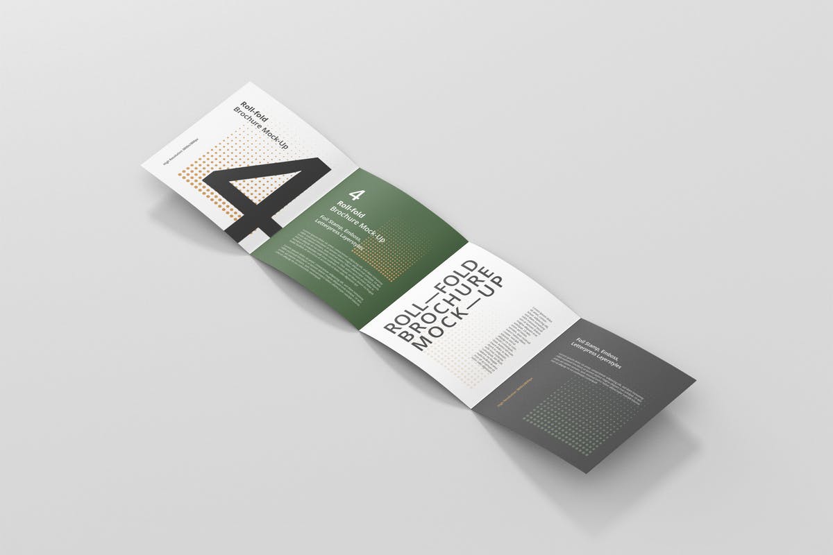 方形四折页折叠小册子传单样机 Roll-Fold Brochure Mockup – Square Format插图