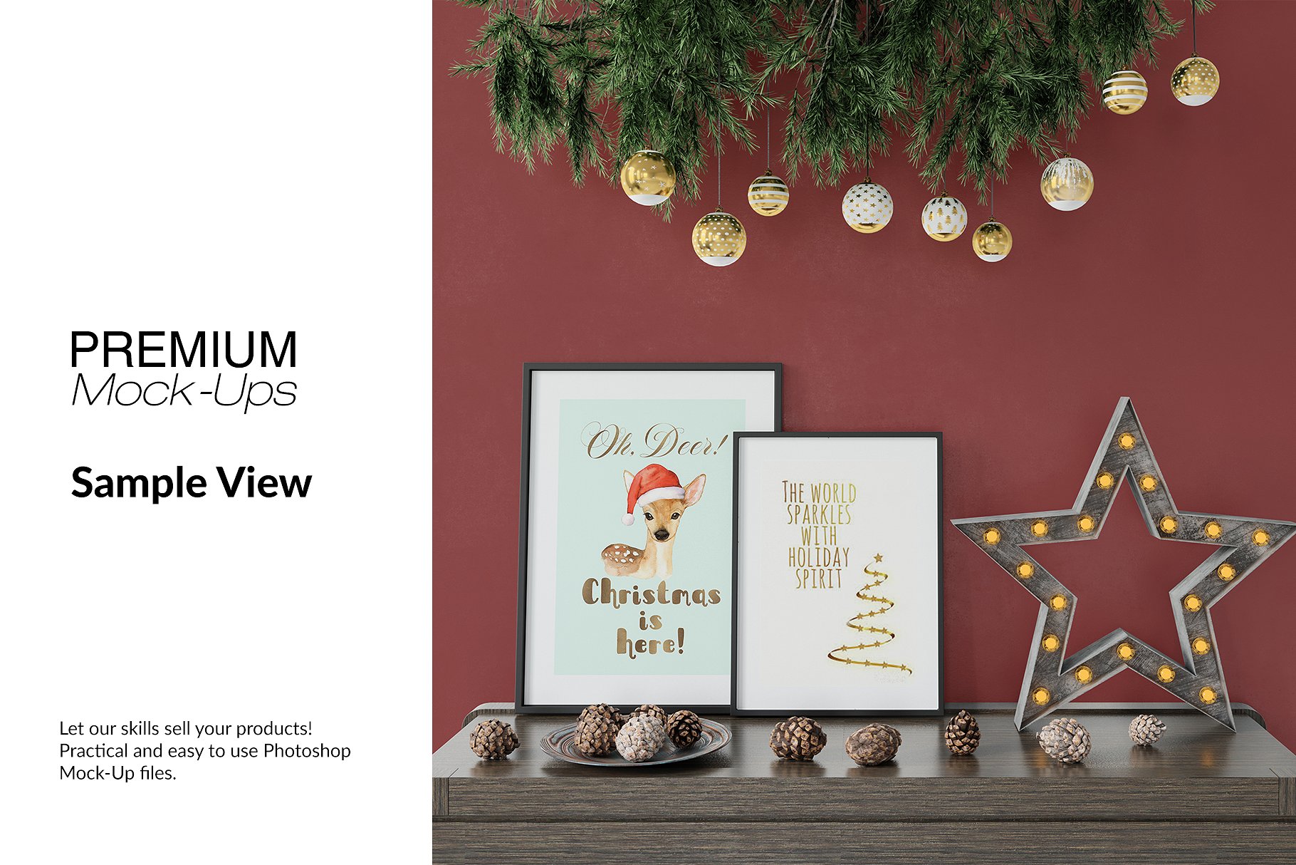 高品质的圣诞节画框框架和墙壁装饰展示样机 Christmas Frames & Wall Set [psd,jpg]插图(10)