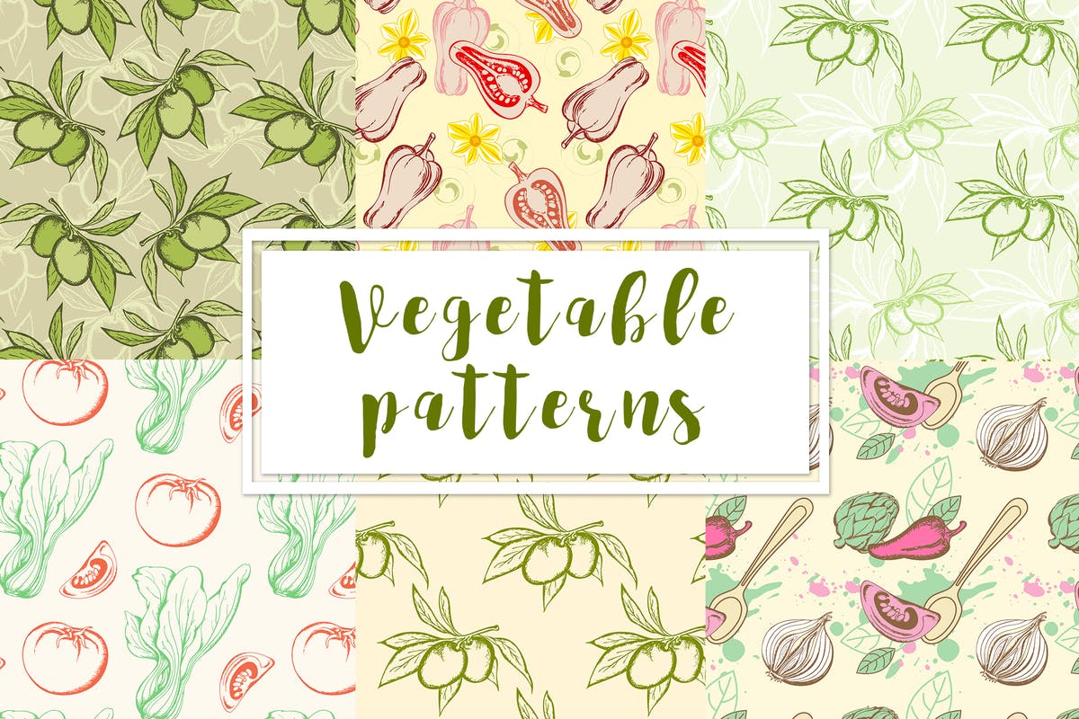 手绘蔬菜无缝图案设计素材 Vegetable Seamless Patterns插图