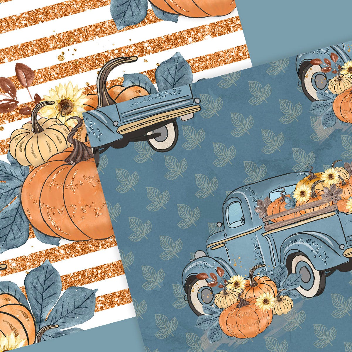 蓝色水彩手绘南瓜车数码纸张图案设计素材 Pumpkin Truck Blue digital paper pack插图(1)