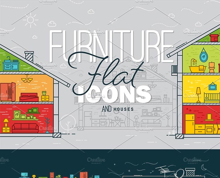 扁平风格家具图标和房屋概念图 Flat furniture icons and houses插图