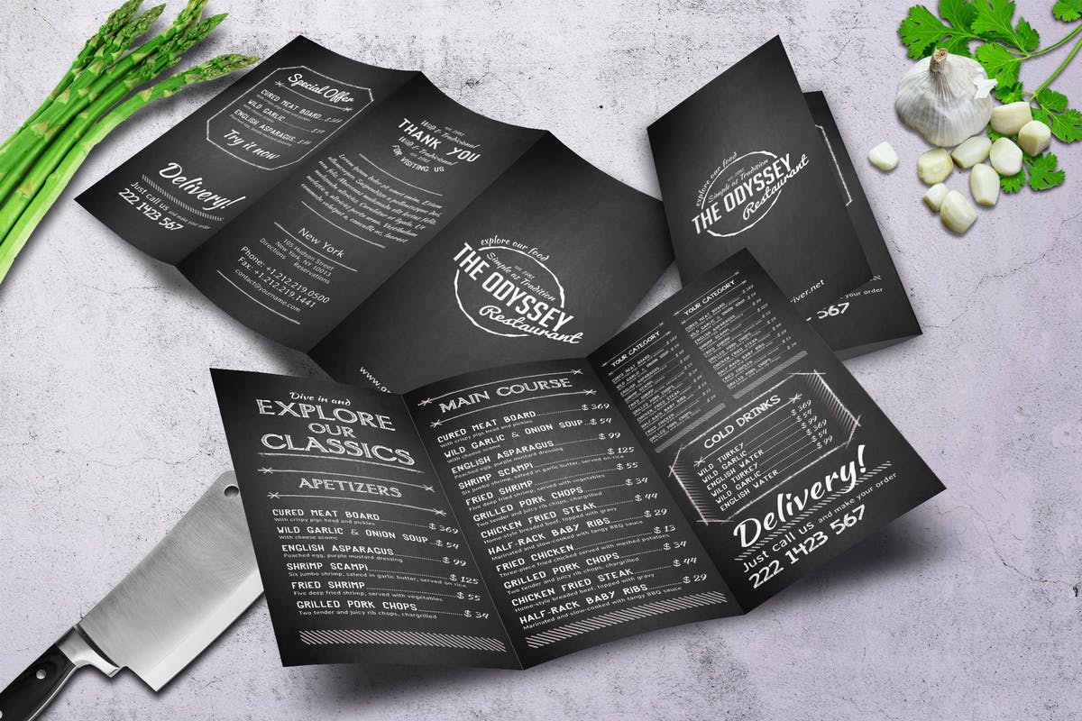 黑色复古排版餐厅菜单PSD模板 Odyssey A4 Trifold Menu插图