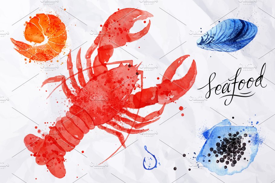 海鲜水彩矢量图形素材集 Set Seafood插图(1)