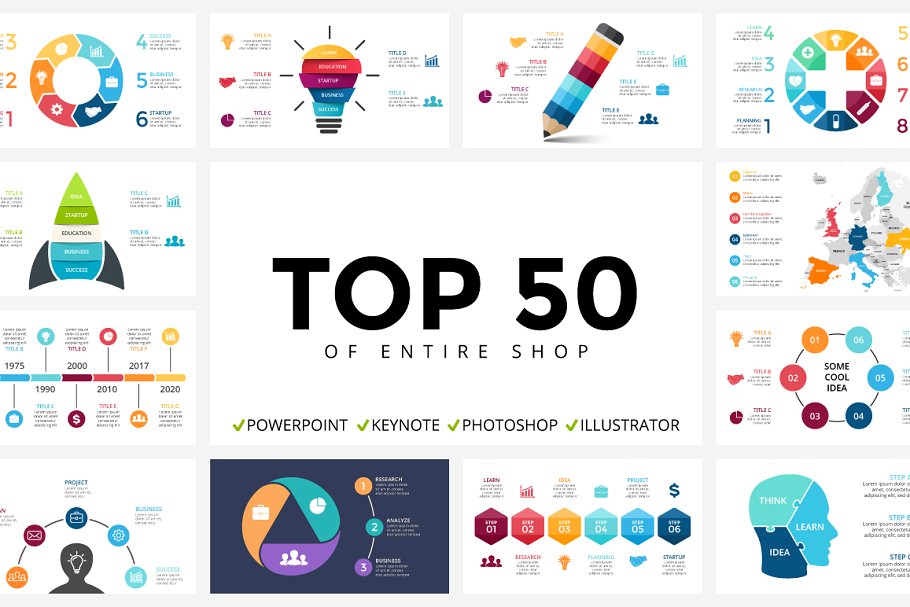 Top50信息图表插图幻灯片模板设计素材 Infographics – Shop Best Sellers插图