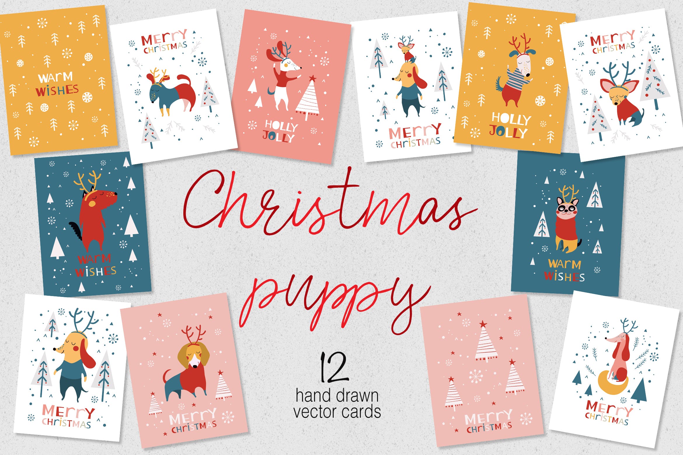 圣诞小狗手绘图案贺卡设计模板 Christmas Puppy Cards插图