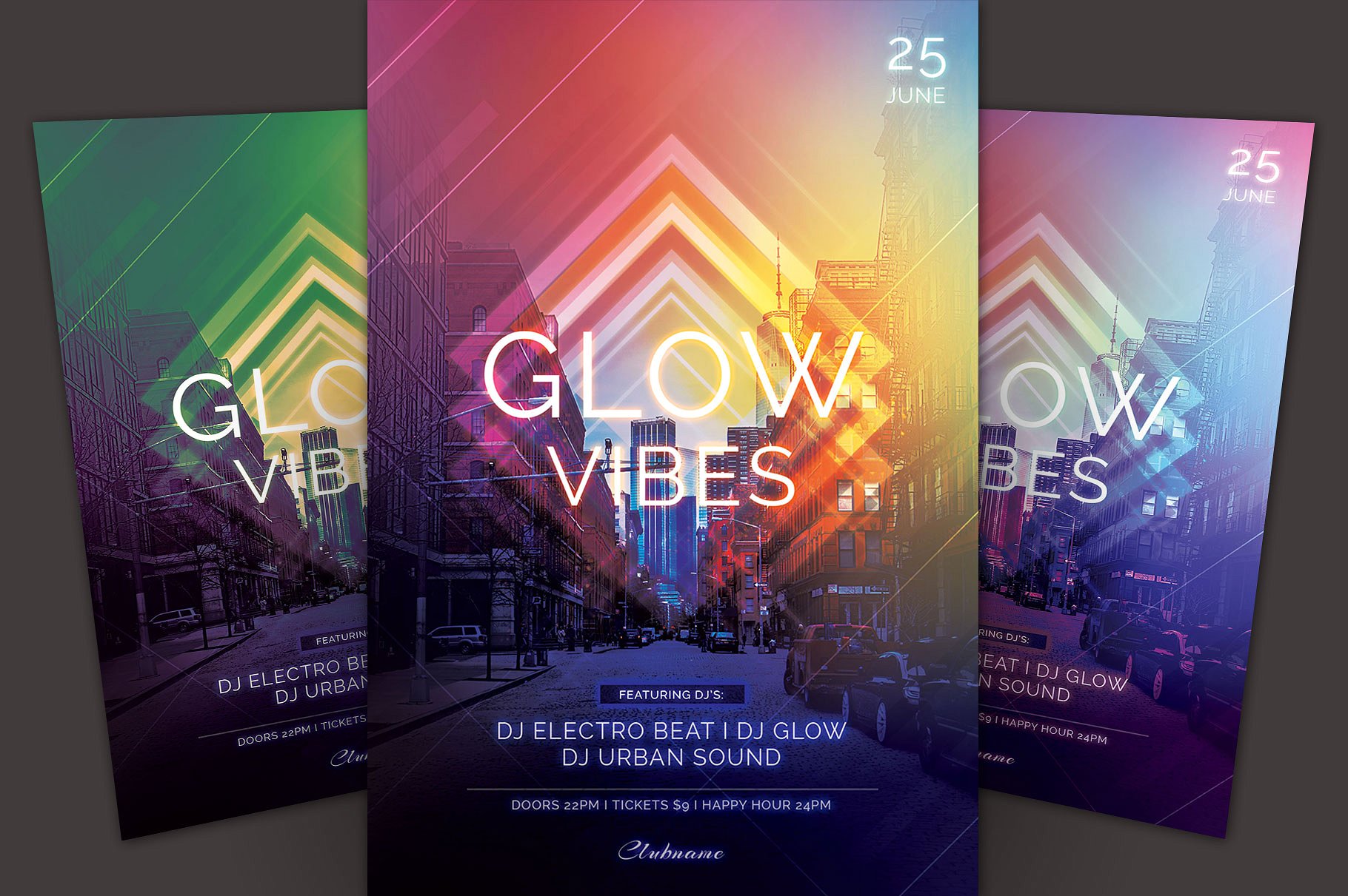 抽象城市背景传单设计模板 Glow Vibes Flyer Template插图