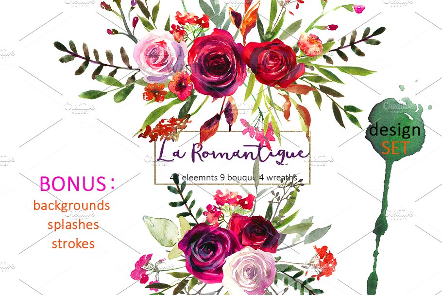 勃艮第红粉水彩花卉剪贴画 Burgundy Red Pink Flowers Clipart插图(1)