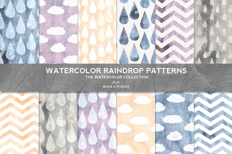 水彩雨滴图案背景素材 Watercolor Raindrop Digital Patterns插图