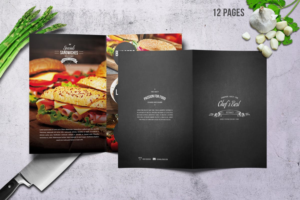 对折页高级餐厅菜单模板设计 Chef’s Bifold Restaurant Menu – A4 &US Letter 12p插图