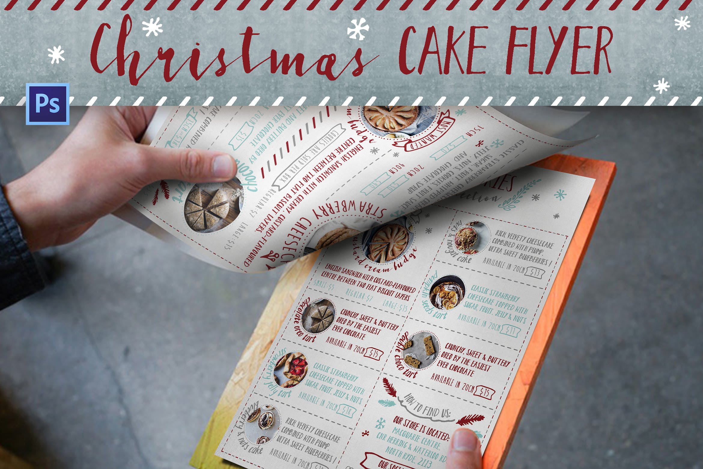 圣诞节主题气氛咖啡店优惠券传单设计模板 Christmas Cake Shop Flyer插图
