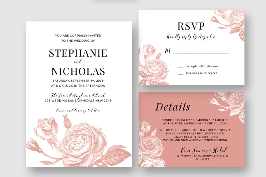 玫瑰花婚礼邀请函设计模板套装 Rose Blush Roses Wedding Suite插图(1)