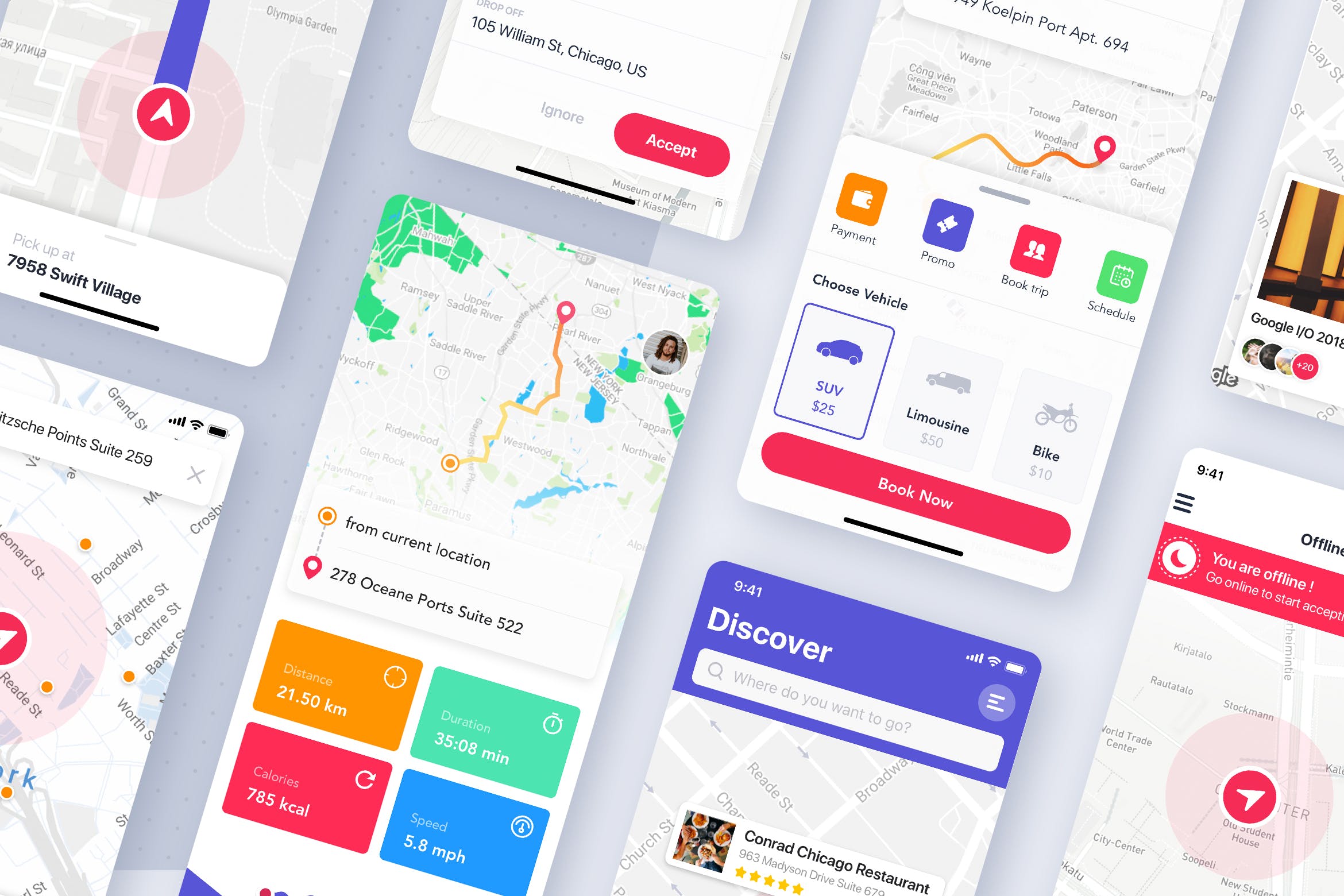 地图导航概念APP应用UI设计模板 Map & Navigation UI concept for mobile app插图
