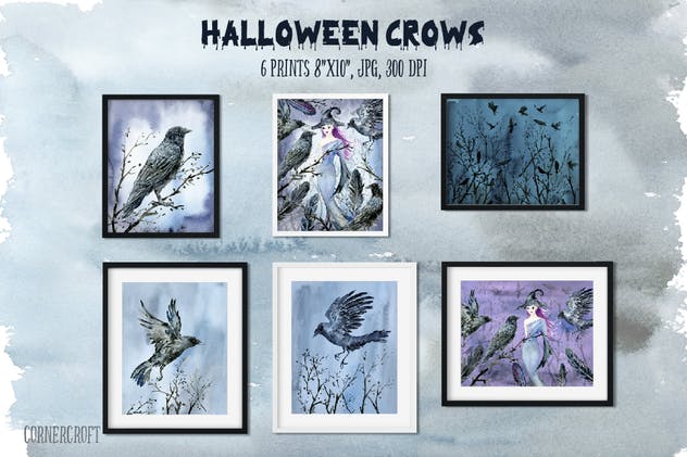 万圣节主题乌鸦&巫婆水彩插画合集 Halloween Crows and Witch Watercolor插图(3)