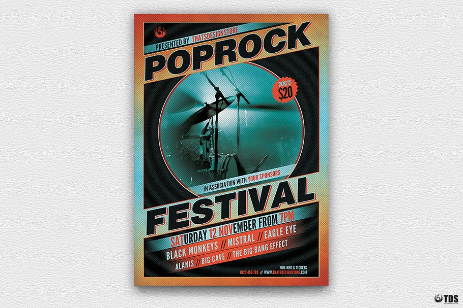 流行摇滚音乐节传单PSD模板v1 Pop Rock Festival Flyer PSD V1插图(1)