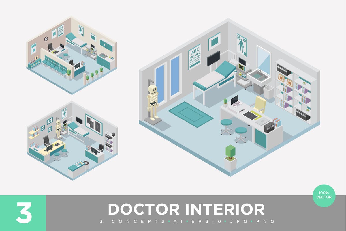 医生门诊2.5D等距概念场景插画素材v1 3 Isometric Doctor Clinic Interior Vector Set 1插图