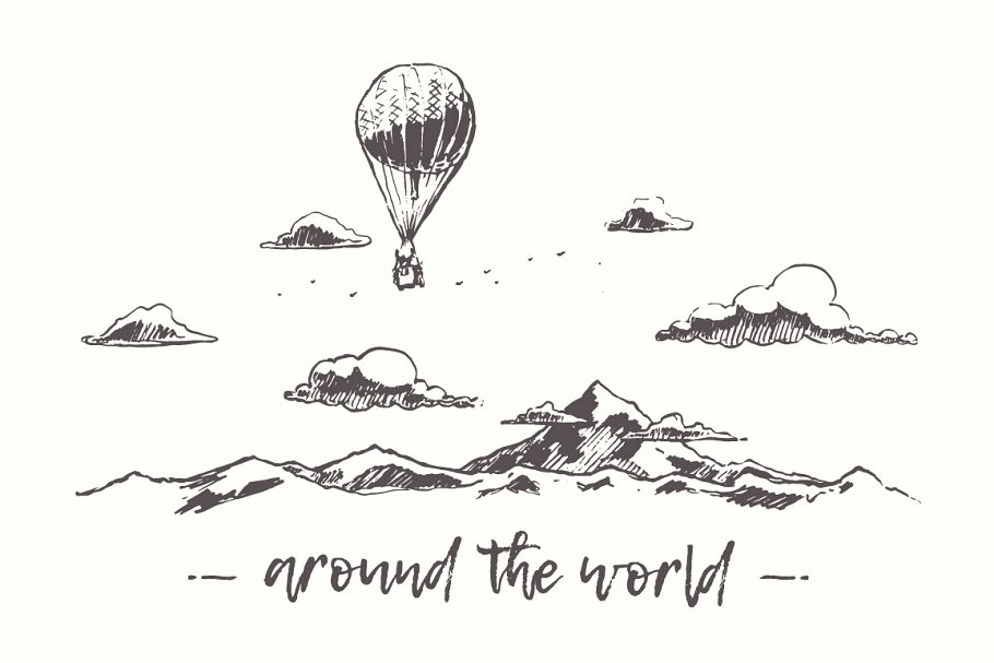 山景热气球素描剪贴画 Air balloons flying over mountains插图