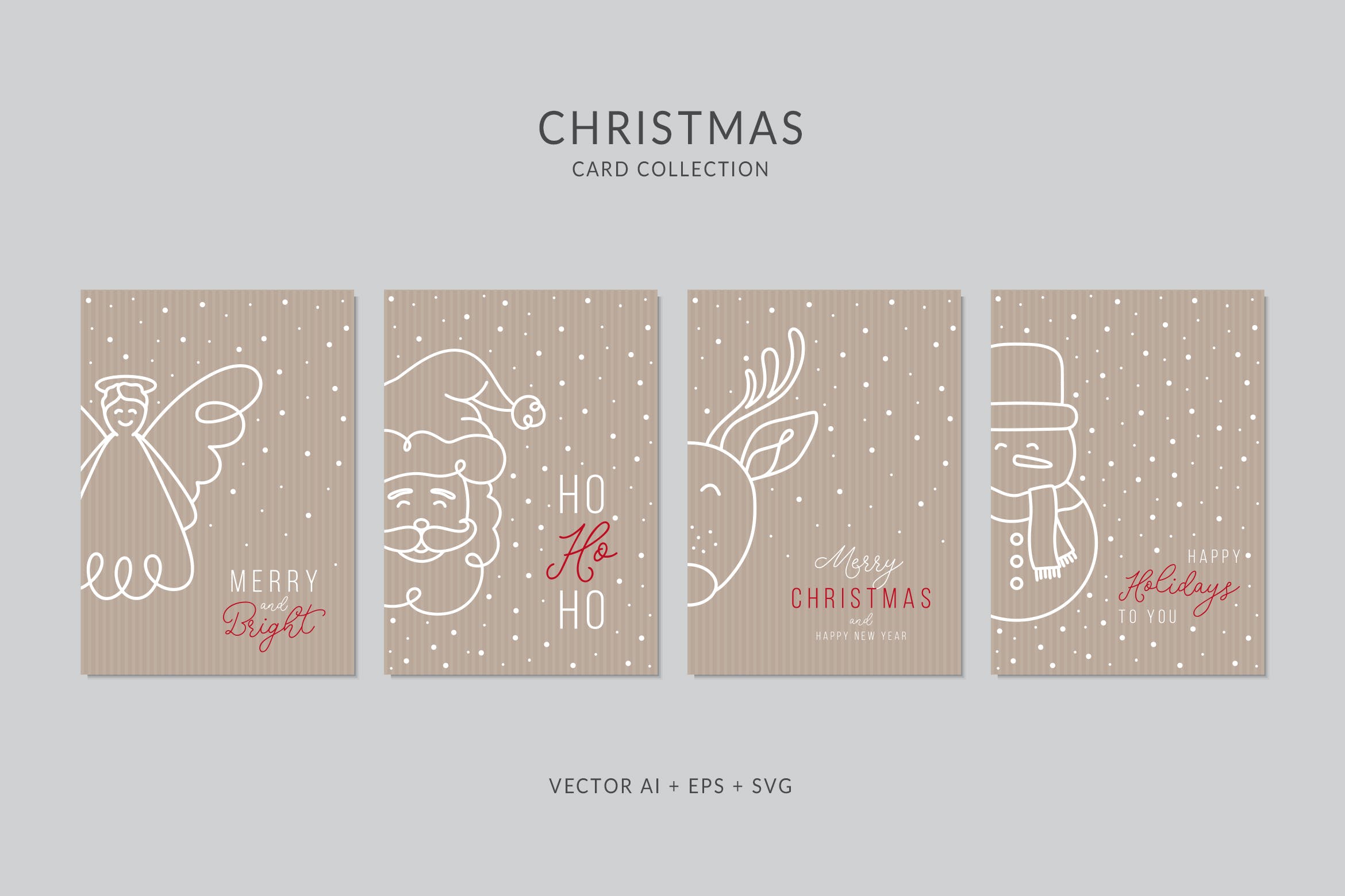 简笔画艺术风格圣诞节贺卡矢量设计模板集v5 Christmas Greeting Card Vector Set插图
