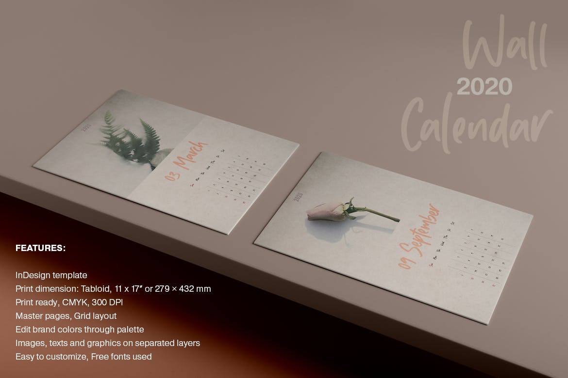 2020年植物花卉图案挂墙日历设计模板 Wall Calendar 2020 Layout插图(7)