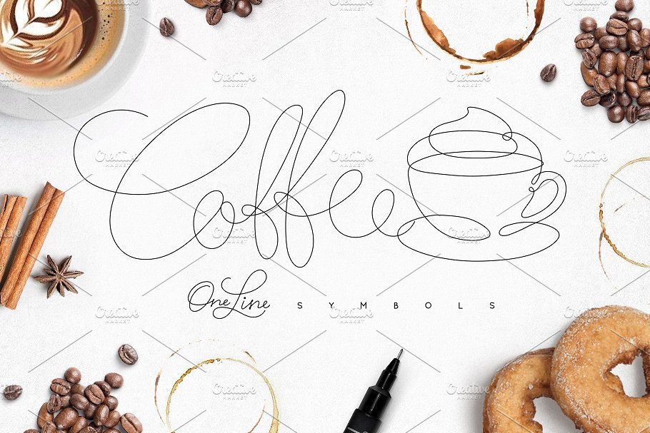 咖啡主题手绘线条符号图标 Coffee One Line Symbols插图