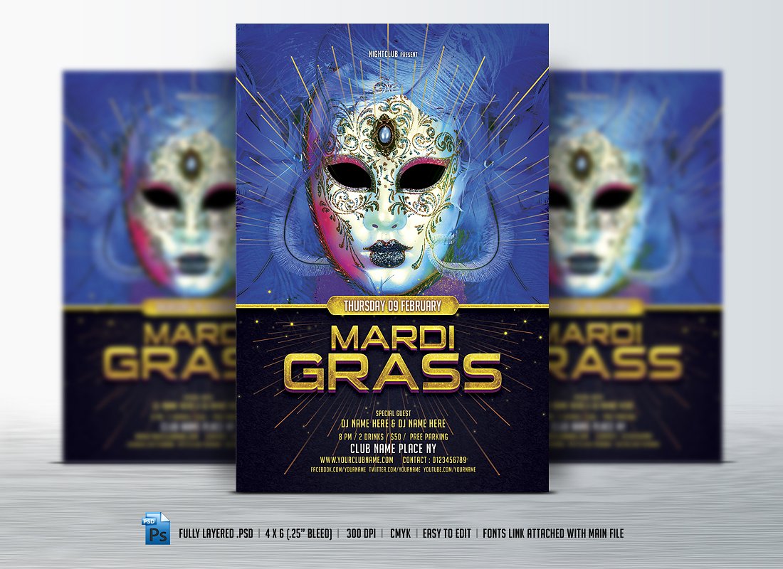 狂欢节面具派对活动宣传单模板 Mardi Grass Flyer插图