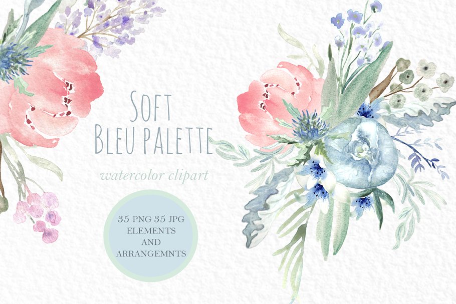 淡蓝色牡丹水彩花插画 Soft Blue Peonies Watercolor flowers插图(2)