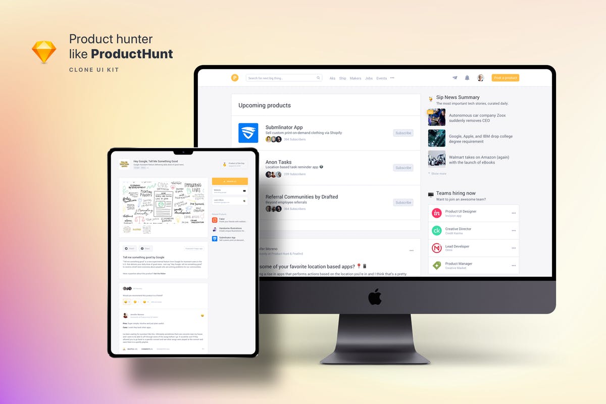 类ProductHunt购物社交网站设计模板 Clone UI Kit – Product hunter like ProductHunt插图