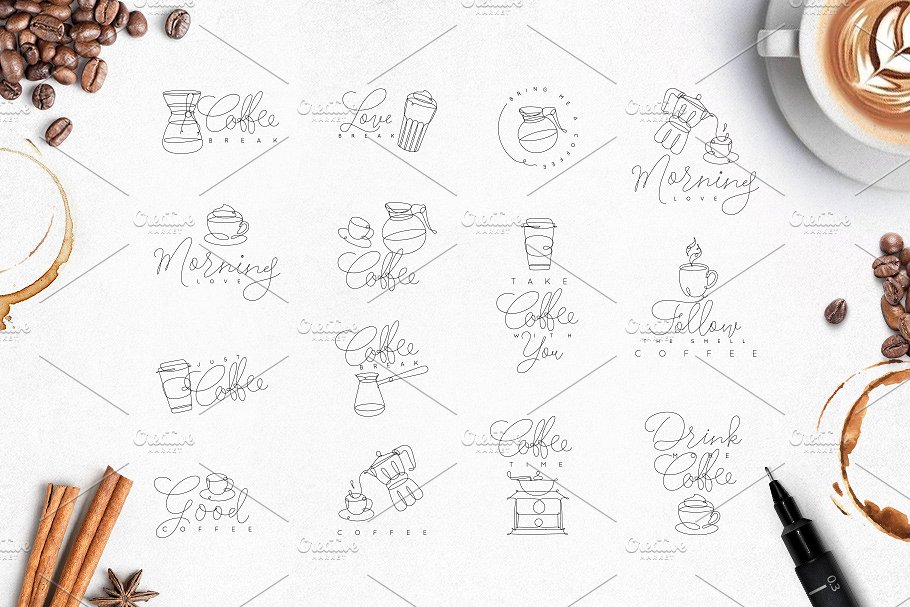 咖啡主题手绘线条符号图标 Coffee One Line Symbols插图(2)