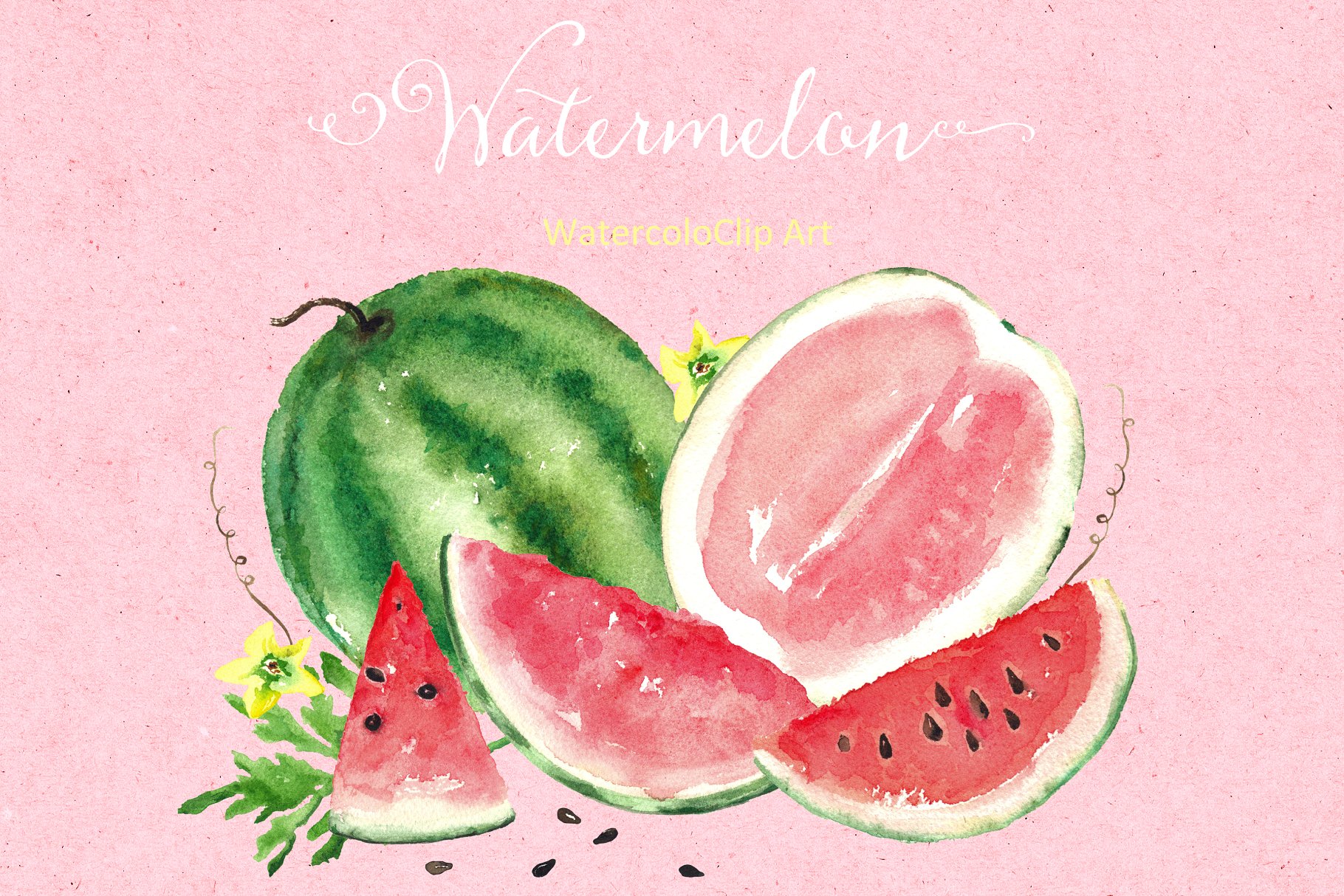 西瓜水彩剪贴画素材 Watermelon watercolor clipart插图