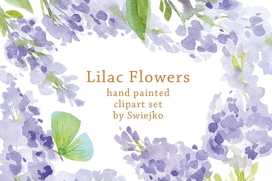丁香花与蝴蝶水彩剪贴画 Watercolor Lilac Flowers, Butterfly插图