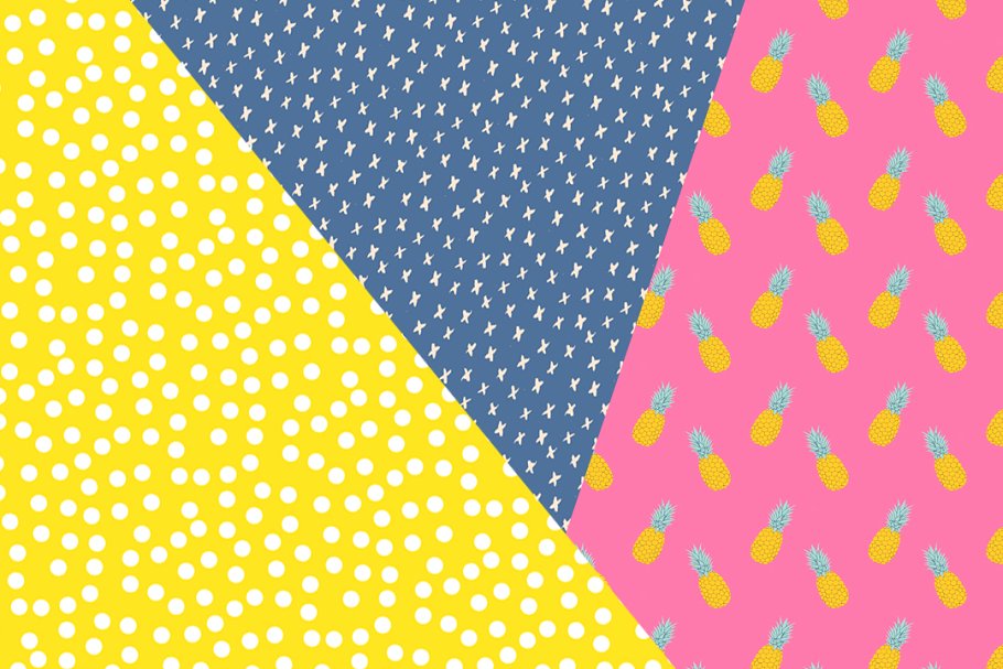 一套黄色、蓝色和粉色的现代夏季菠萝图案  Summer pineapple patterns插图(1)