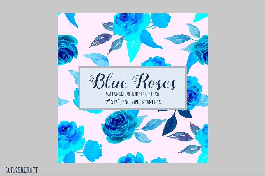 蓝色水彩玫瑰插画图案纸张纹理 Digital Paper Watercolor Blue Rose插图(3)