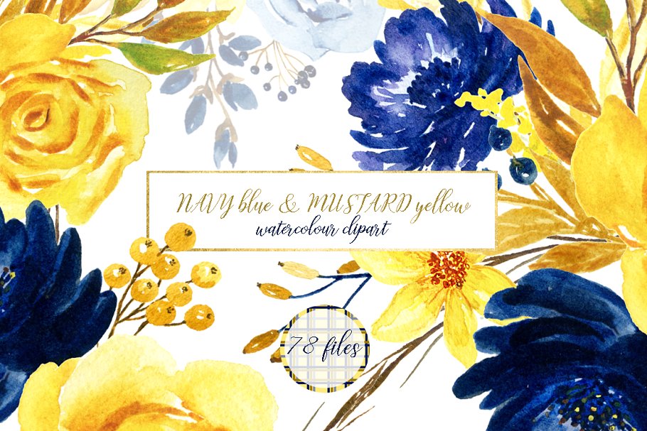 海军蓝&芥末黄水彩花卉插画素材 Navy blue & mustard yellow flowers插图