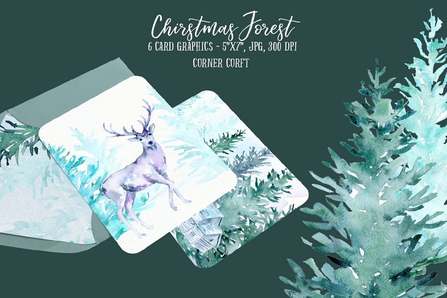 圣诞节奇幻森林水彩插画 Watercolor Christmas Forest插图(5)