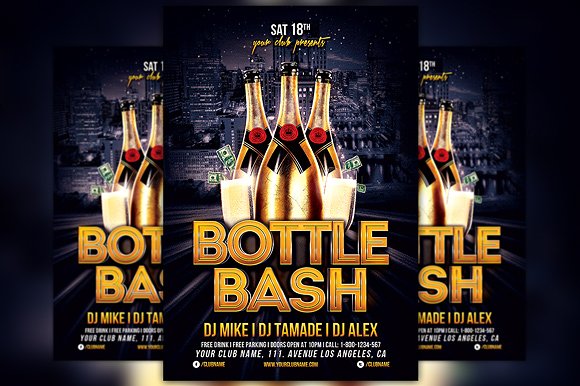 香槟DJ音乐派对宣传单制作素材 Bottle Bash Flyer Template插图