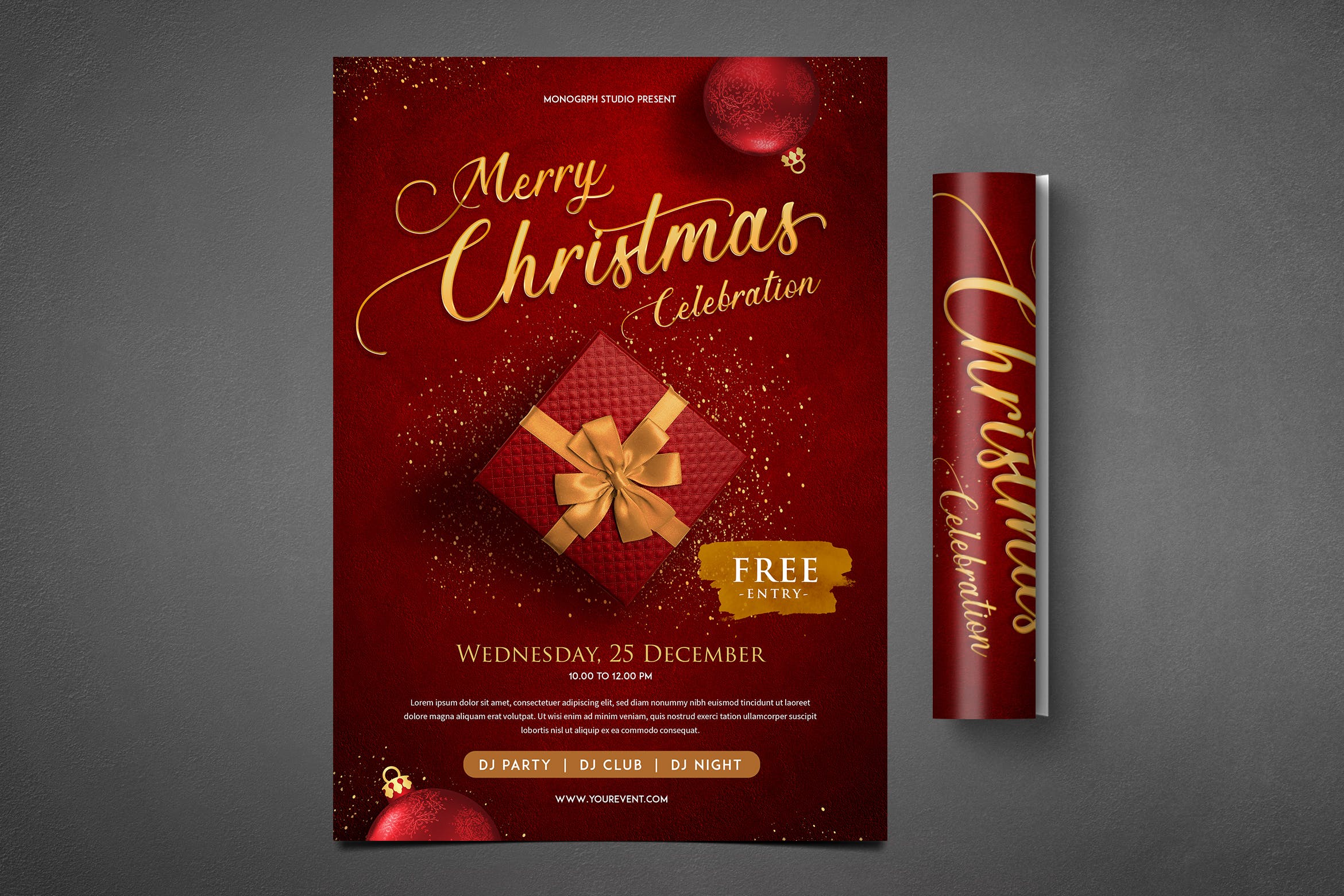 圣诞节庆祝活动深红色海报传单设计模板 Christmas Party Flyer插图