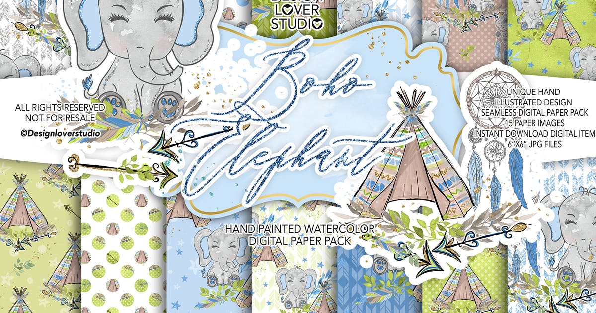 波西米亚风格可爱大象水彩背景图案合集 Boho Elephant Blue Cute digital paper插图
