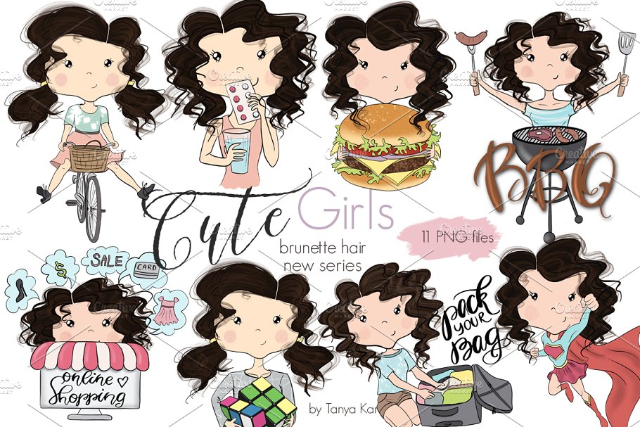 可爱女孩和独角兽女孩卡通形象插画 Cute Girls & Unicorn Girl Collection插图