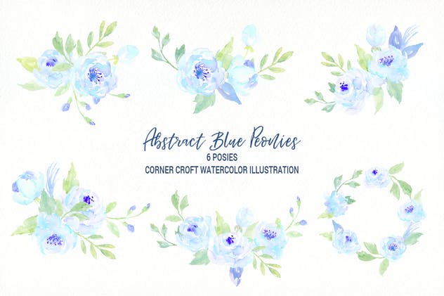 蓝色牡丹水彩系列插画合集 Watercolor Blue Peony Collection插图(3)