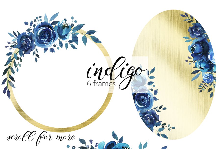 靛蓝水彩花卉剪贴画 Indigo Blue Watercolor Flowers Set插图(4)