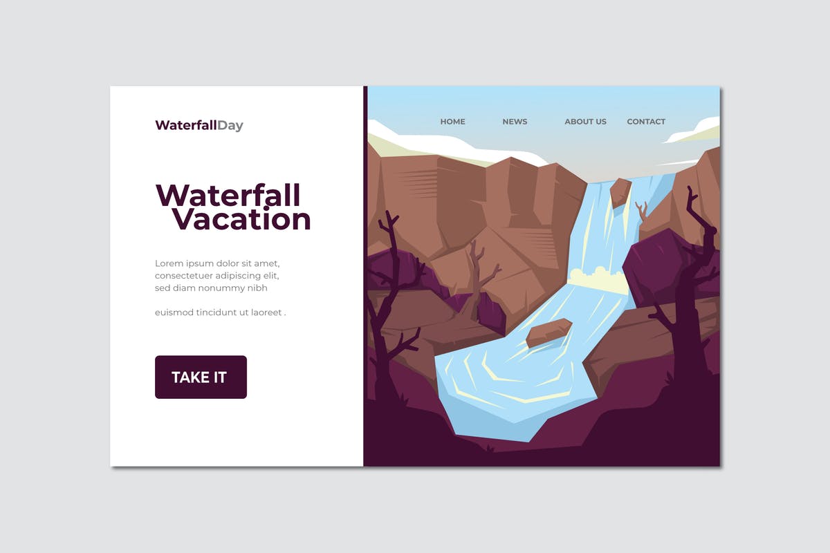 假期旅行瀑布概念插画网站着陆页设计模板 Waterfall Vacation Landing Page Illustration插图