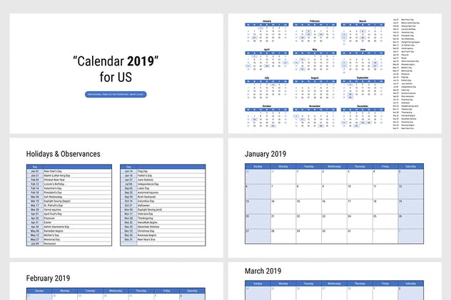2019年新年年历Google幻灯片模板 Calendar 2019 US for Google Slides插图(1)
